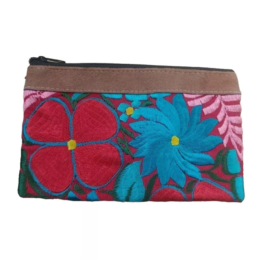 Silk Embroider Clutch Wallet Floral Colorful Brown Suede Leather Zip Coin Purse